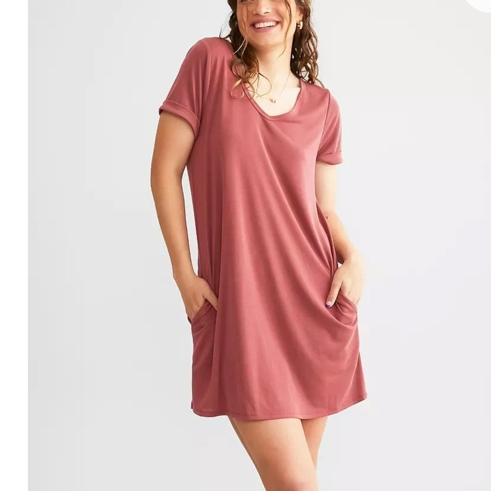 BKE Womens Short Sleeve V-Neck T-Shirt Dress Lattice Back Pockets Pink DC379ABCM